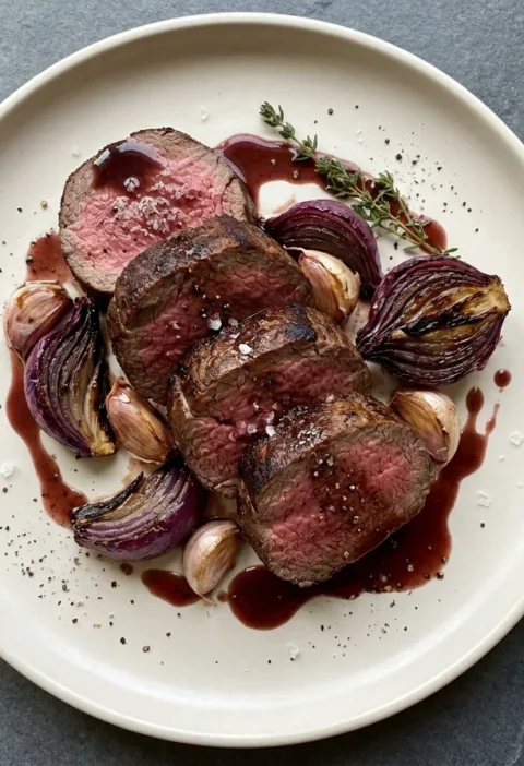 Gordon Ramsay chateaubriand, centre-cut beef fillet carved into thick pink medium-rare slices with roasted onion, garlic and red wine jus