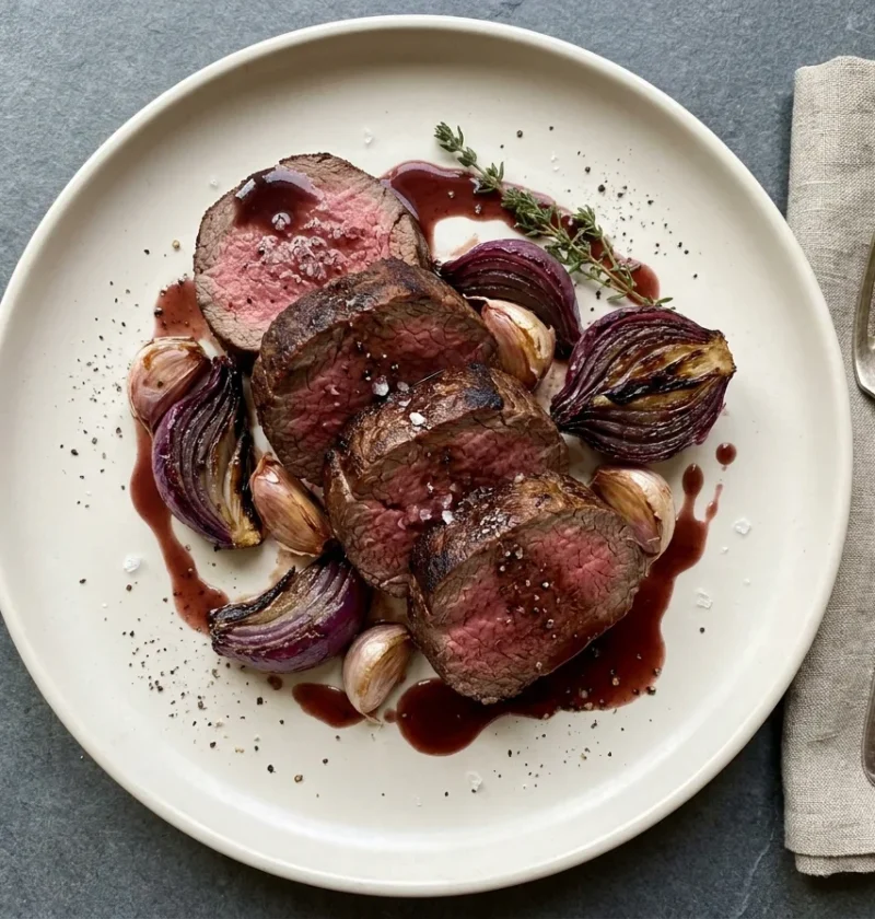 Gordon Ramsay chateaubriand, centre-cut beef fillet carved into thick pink medium-rare slices with roasted onion, garlic and red wine jus