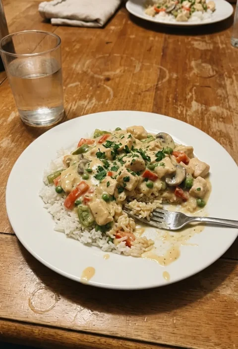 Homemade chicken ala king with diced chicken peppers mushrooms and peas in a cream sauce over white rice