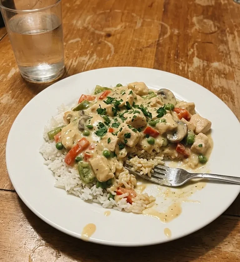 Homemade chicken ala king with diced chicken peppers mushrooms and peas in a cream sauce over white rice