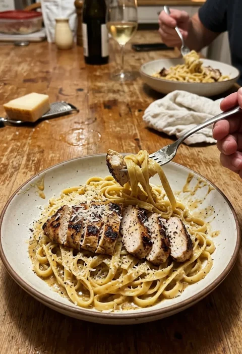 Homemade chicken fettuccine alfredo with sliced seared chicken breast on golden brown butter pasta sauce