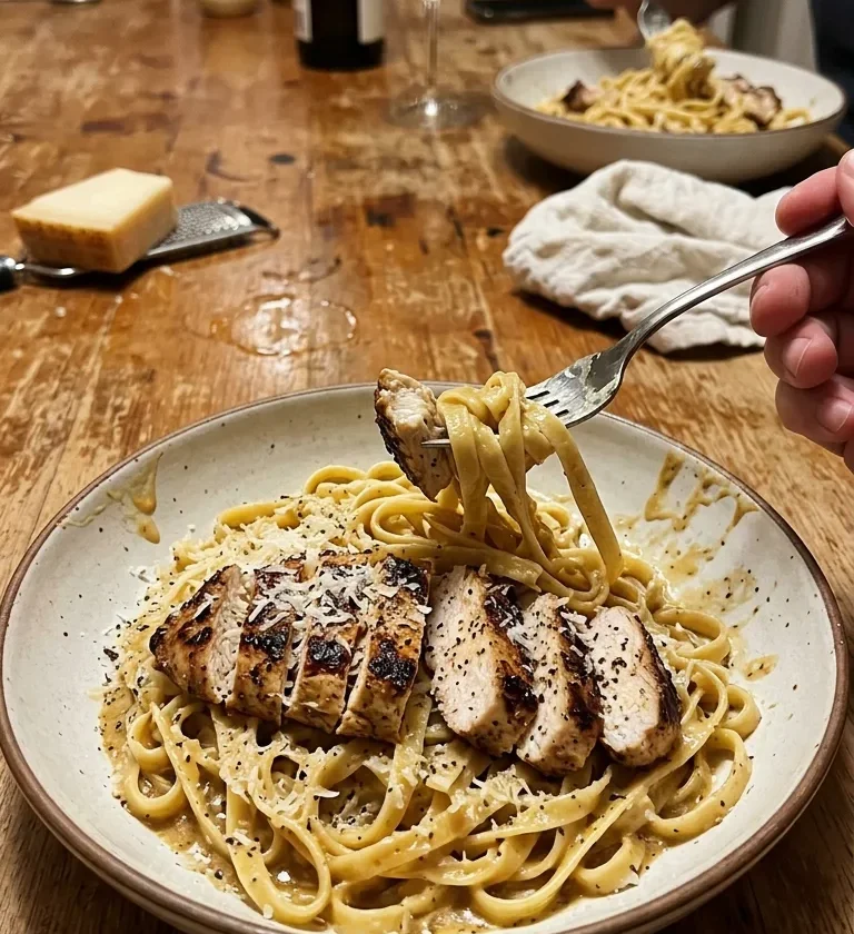 Homemade chicken fettuccine alfredo with sliced seared chicken breast on golden brown butter pasta sauce