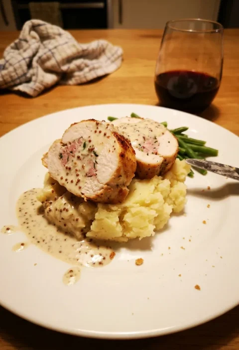Gordon Ramsay chicken ballotine sliced into rounds on mashed potato with wholegrain mustard veloute and green beans