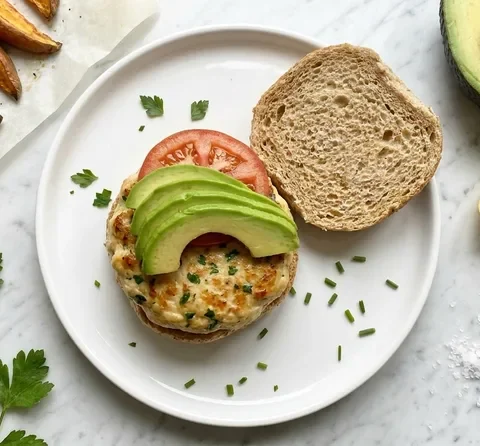 Gordon Ramsay chicken burger with golden pan-fried chicken mince patty showing parsley and chive, avocado and tomato on a wholemeal bun with sweet potato wedges