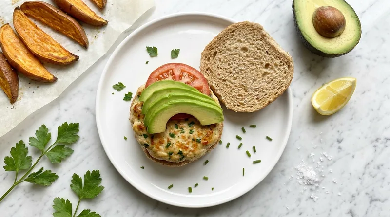 Gordon Ramsay chicken burger with golden pan-fried chicken mince patty showing parsley and chive, avocado and tomato on a wholemeal bun with sweet potato wedges