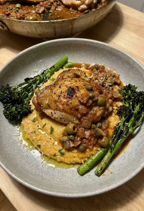 Gordon Ramsay chicken cacciatore with golden chicken thigh olives and capers on Parmesan polenta with charred broccolini