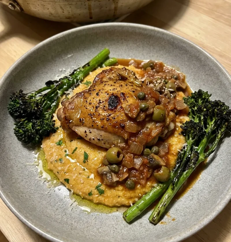 Gordon Ramsay chicken cacciatore with golden chicken thigh olives and capers on Parmesan polenta with charred broccolini