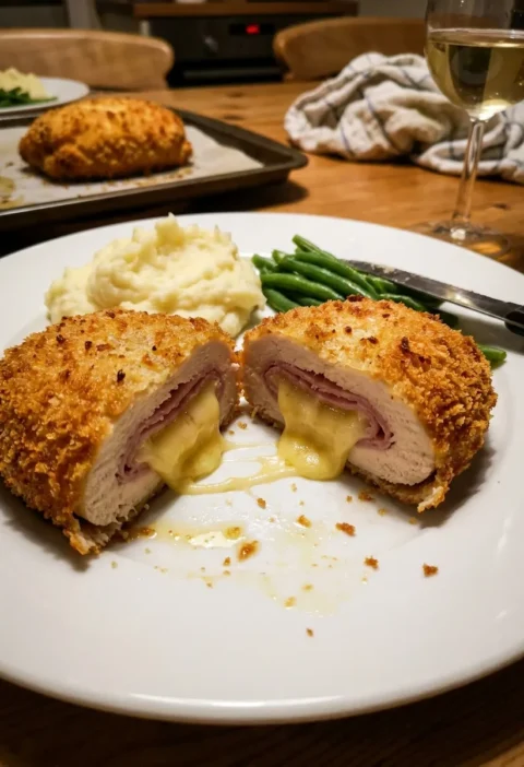Gordon Ramsay chicken cordon bleu sliced open showing melted Gruyere cheese and ham inside golden panko crust with mashed potato and green beans