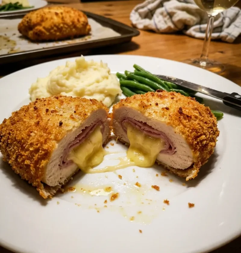Gordon Ramsay chicken cordon bleu sliced open showing melted Gruyere cheese and ham inside golden panko crust with mashed potato and green beans