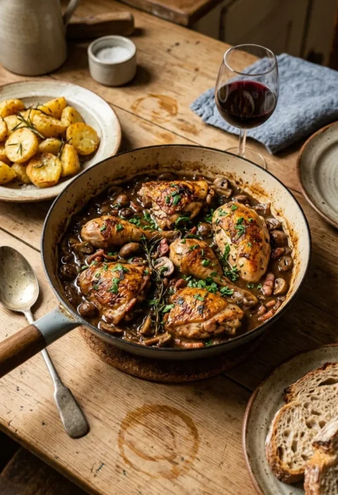 Homemade chicken fricassee in a sauté pan with golden chicken pieces mushrooms bacon lardons and herbs in a glossy sauce