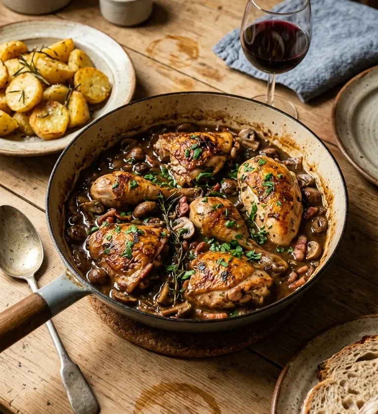 Homemade chicken fricassee in a sauté pan with golden chicken pieces mushrooms bacon lardons and herbs in a glossy sauce
