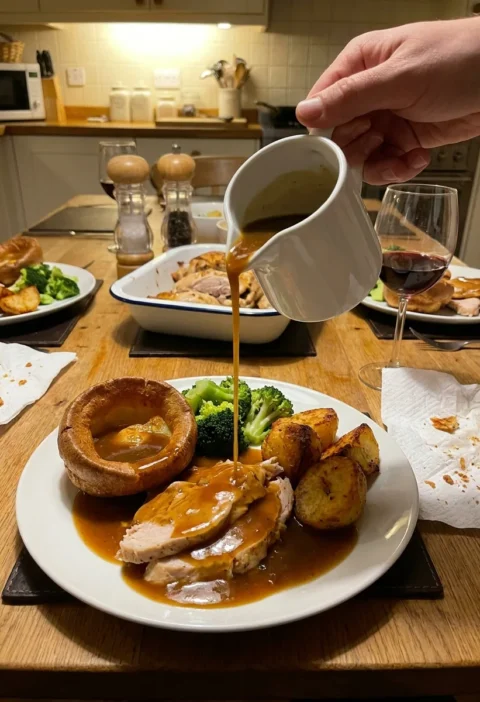 Gordon Ramsay chicken gravy being poured from a white jug over a Sunday roast dinner with Yorkshire pudding roast potatoes and broccoli