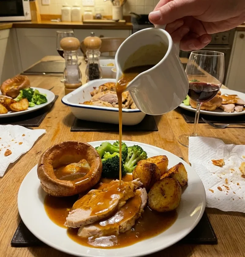 Gordon Ramsay chicken gravy being poured from a white jug over a Sunday roast dinner with Yorkshire pudding roast potatoes and broccoli