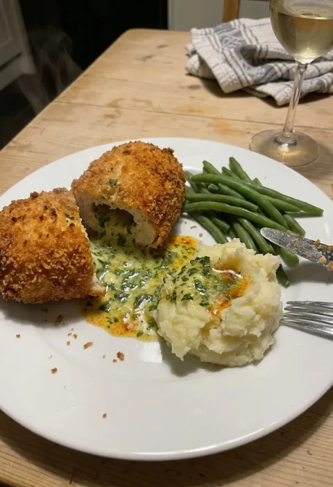 Gordon Ramsay chicken Kiev cut open with garlic herb butter oozing out served with mashed potato and green beans