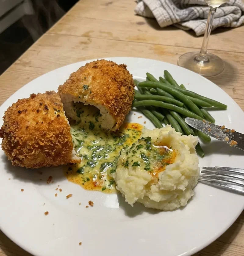 Gordon Ramsay chicken Kiev cut open with garlic herb butter oozing out served with mashed potato and green beans