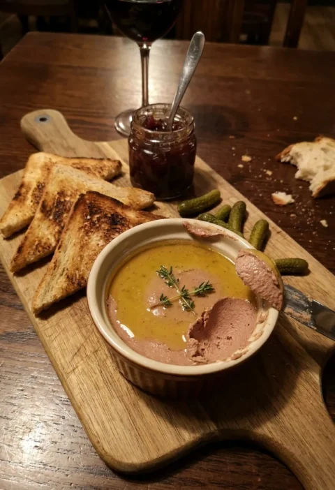 Gordon Ramsay chicken liver pate in a ramekin with clarified butter seal toast triangles red onion marmalade and cornichons on a wooden board
