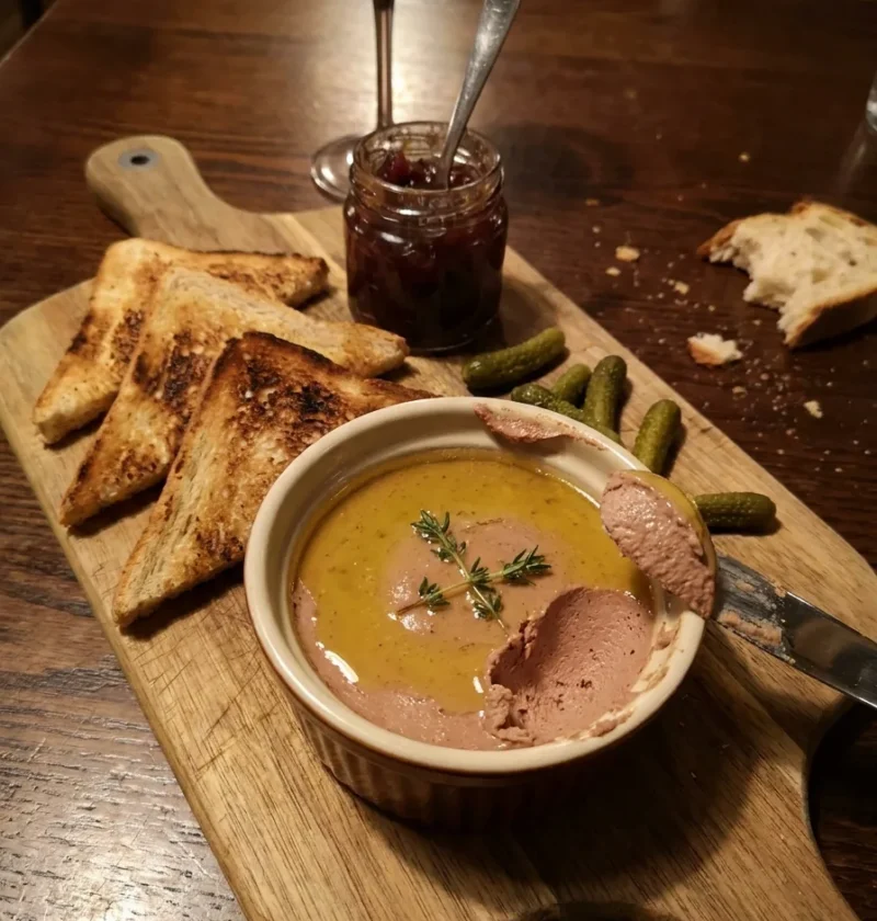 Gordon Ramsay chicken liver pate in a ramekin with clarified butter seal toast triangles red onion marmalade and cornichons on a wooden board