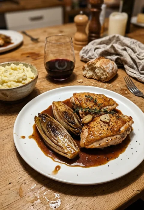 Gordon Ramsay chicken marsala with skin-on chicken breast braised chicory and glossy marsala sauce with thyme