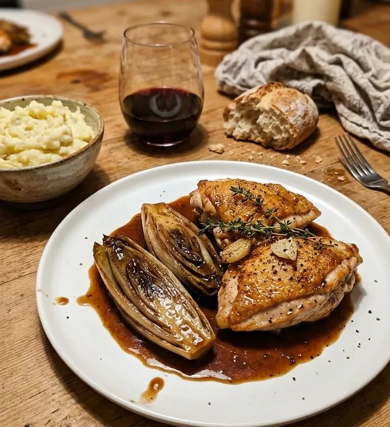 Gordon Ramsay chicken marsala with skin-on chicken breast braised chicory and glossy marsala sauce with thyme