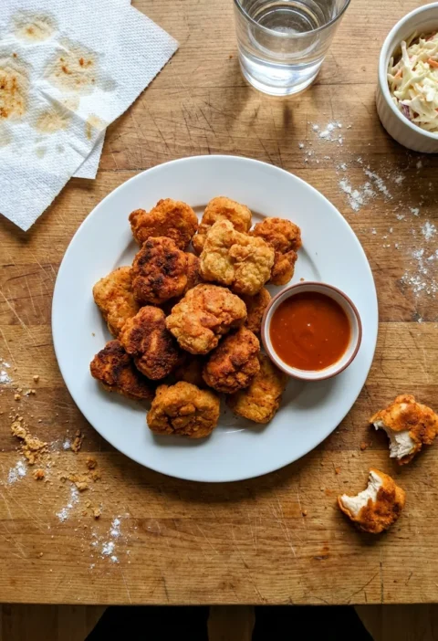 Homemade buttermilk chicken nuggets with crispy flour coating and dipping sauce on a wooden table