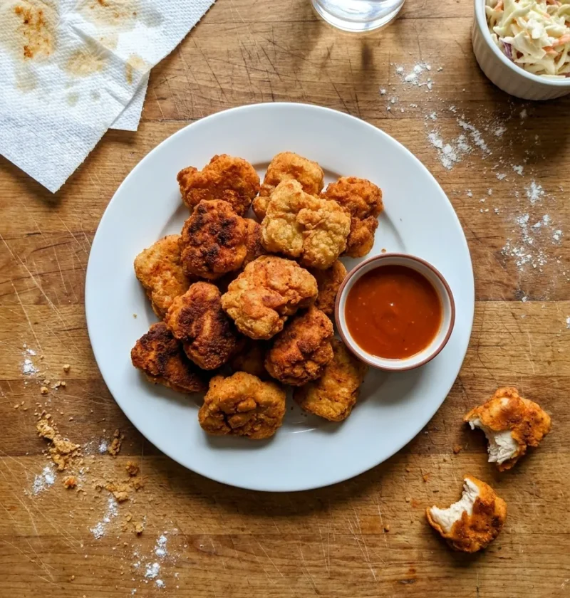 Homemade buttermilk chicken nuggets with crispy flour coating and dipping sauce on a wooden table