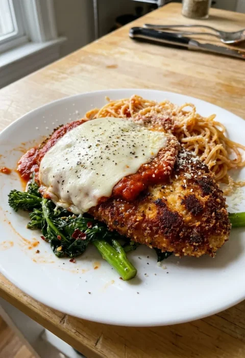 Gordon Ramsay chicken parmesan with melted mozzarella broccoli rabe and spaghetti on a white plate