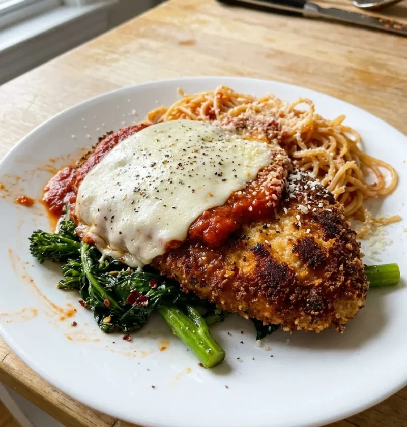 Gordon Ramsay chicken parmesan with melted mozzarella broccoli rabe and spaghetti on a white plate