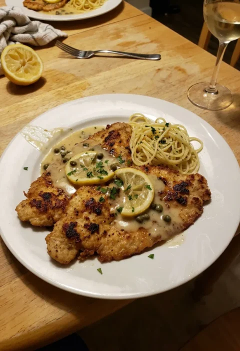 Gordon Ramsay chicken piccata with creamy caper sauce lemon slices and spaghetti on a white plate
