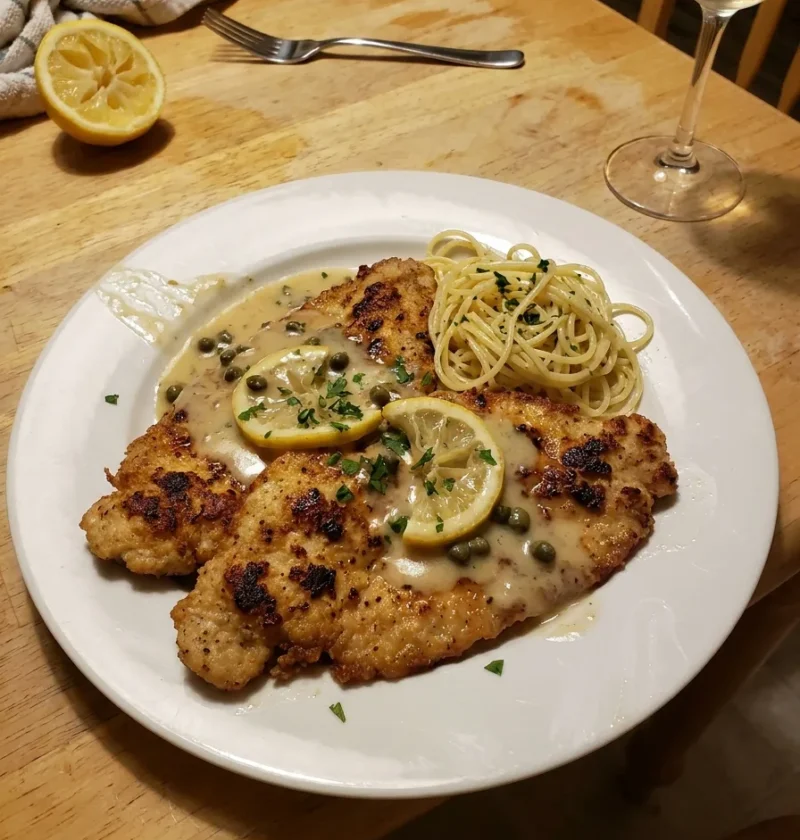 Gordon Ramsay chicken piccata with creamy caper sauce lemon slices and spaghetti on a white plate