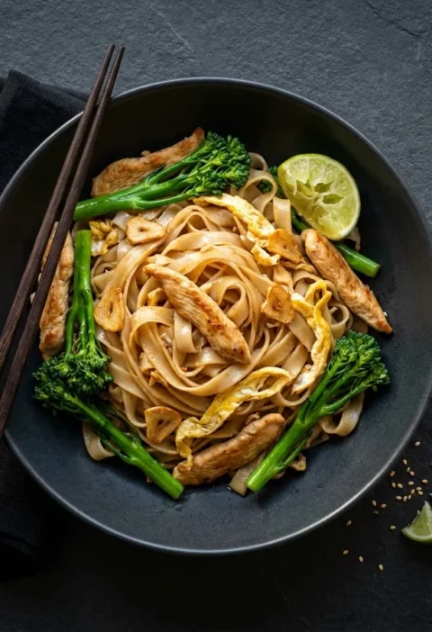 Gordon Ramsay egg fried rice noodles with chicken broccoli and egg ribbons in a dark bowl with chopsticks
