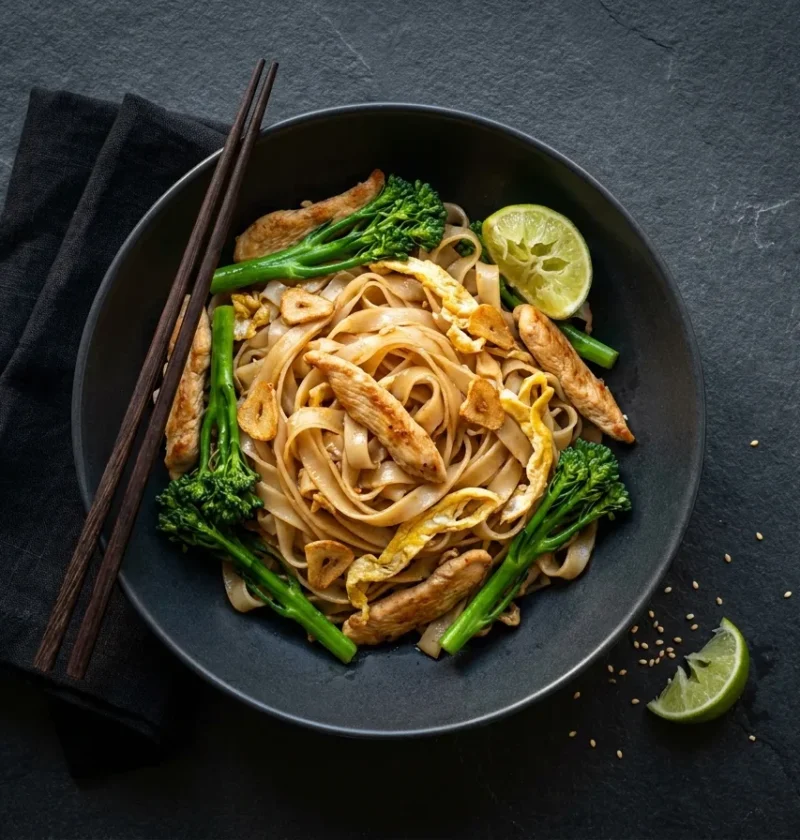 Gordon Ramsay egg fried rice noodles with chicken broccoli and egg ribbons in a dark bowl with chopsticks