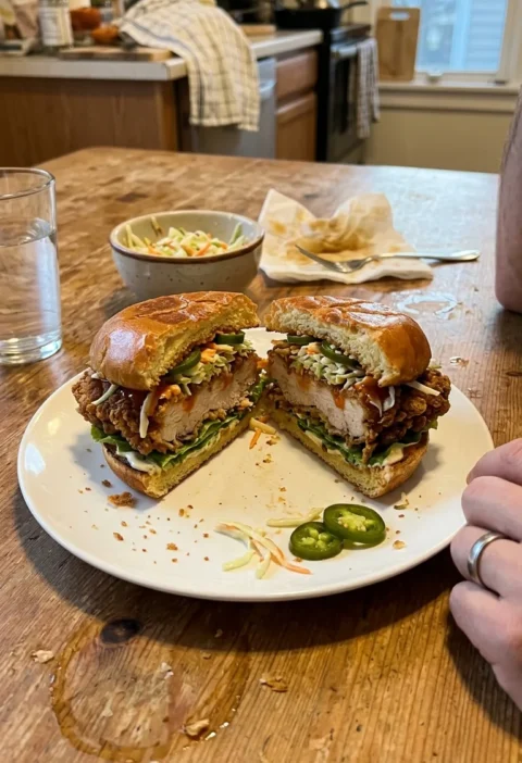 Homemade fried chicken sandwich cut in half showing crispy crust lettuce coleslaw hot sauce and jalapeno in a brioche bun