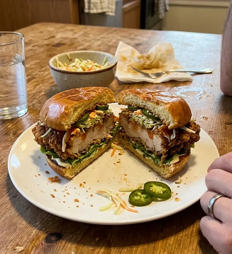 Homemade fried chicken sandwich cut in half showing crispy crust lettuce coleslaw hot sauce and jalapeno in a brioche bun