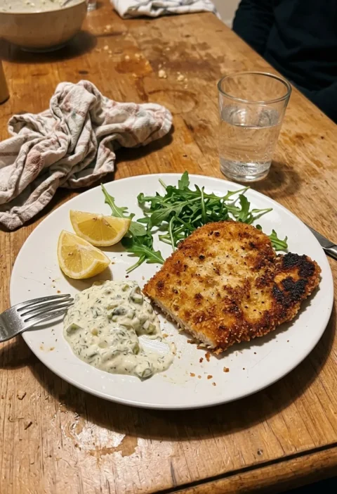 Homemade chicken schnitzel with golden panko crust gherkin creme fraiche lemon wedges and rocket on a white plate
