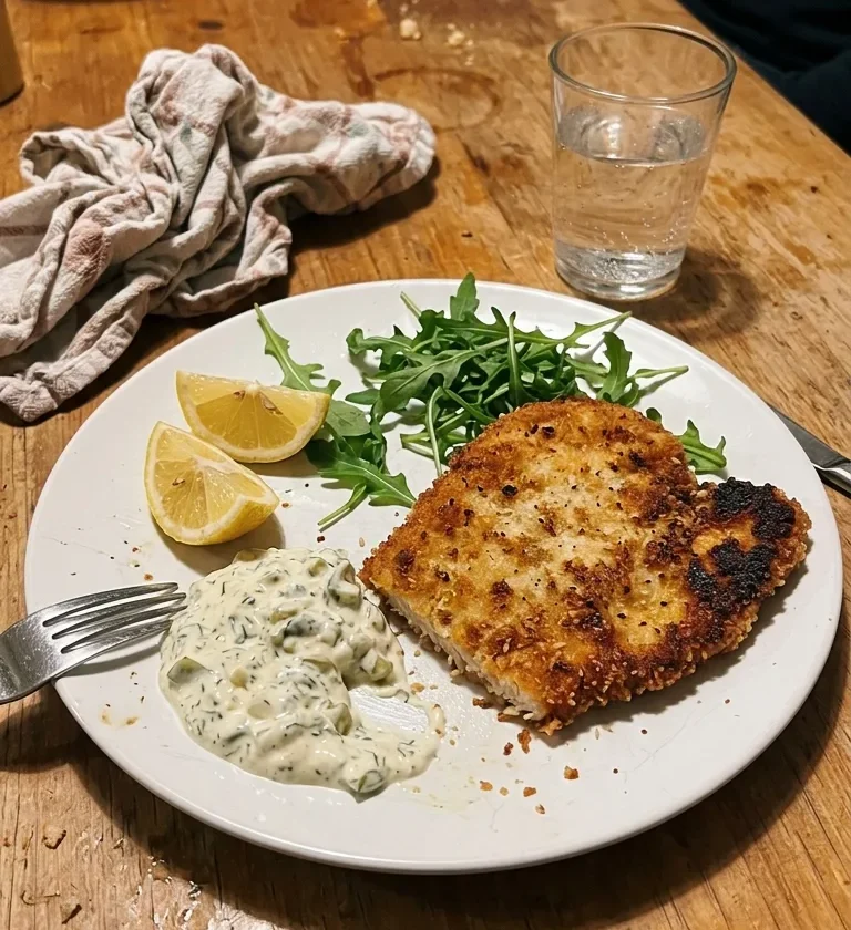 Homemade chicken schnitzel with golden panko crust gherkin creme fraiche lemon wedges and rocket on a white plate