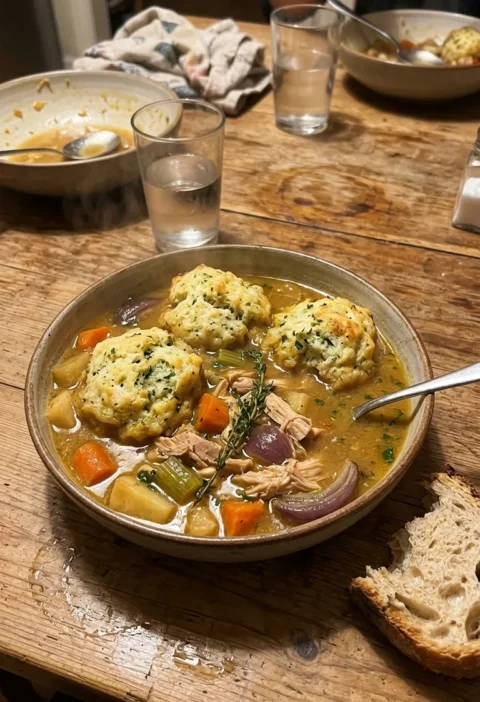 Homemade chicken stew with pulled chicken root vegetables and fluffy coriander dumplings in golden broth
