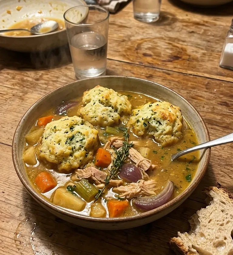 Homemade chicken stew with pulled chicken root vegetables and fluffy coriander dumplings in golden broth