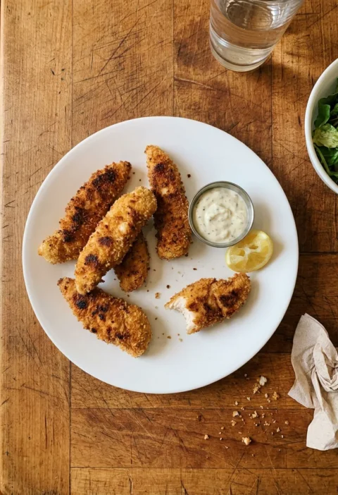 Homemade panko chicken tenders with crispy golden coating tartar sauce and lemon on a wooden table