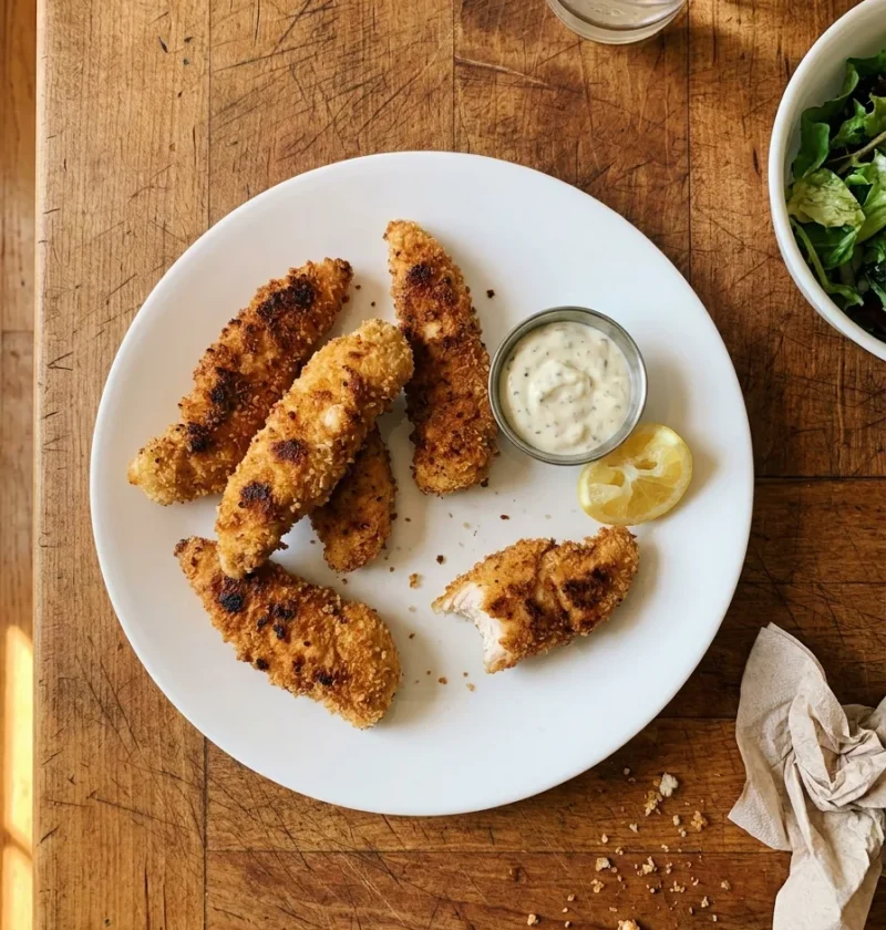 Homemade panko chicken tenders with crispy golden coating tartar sauce and lemon on a wooden table