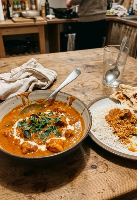 Homemade chicken tikka masala in a smooth orange sauce with yoghurt swirls coriander and curry leaves served with basmati rice and naan