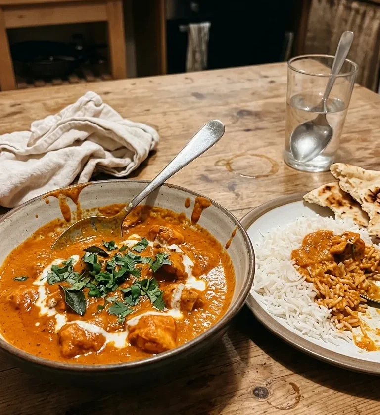 Homemade chicken tikka masala in a smooth orange sauce with yoghurt swirls coriander and curry leaves served with basmati rice and naan