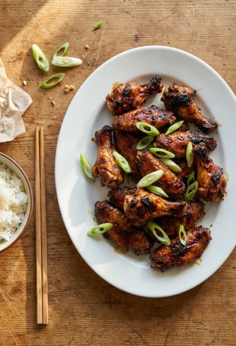 Sticky tamarind chicken wings with charred edges and spring onions on a white plate served with rice