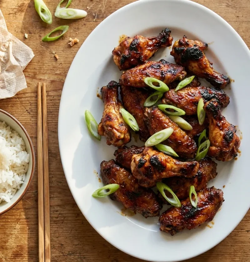 Sticky tamarind chicken wings with charred edges and spring onions on a white plate served with rice