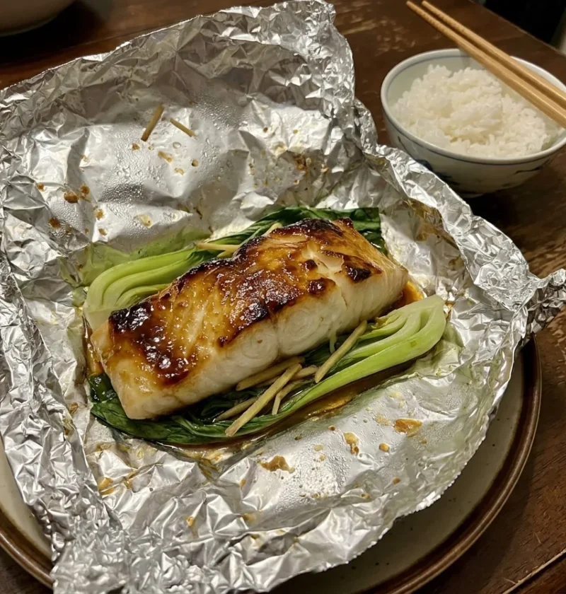 Gordon Ramsay Chilean sea bass with miso glaze baked in foil with bok choy and ginger