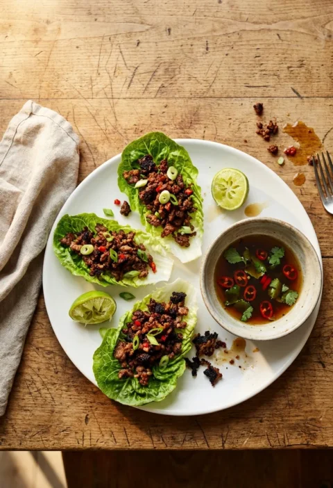 Gordon Ramsay chilli beef lettuce wraps with crispy mince in baby gem cups, soy lime dressing, and lime wedges on a wooden kitchen table