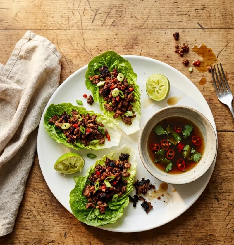 Gordon Ramsay chilli beef lettuce wraps with crispy mince in baby gem cups, soy lime dressing, and lime wedges on a wooden kitchen table