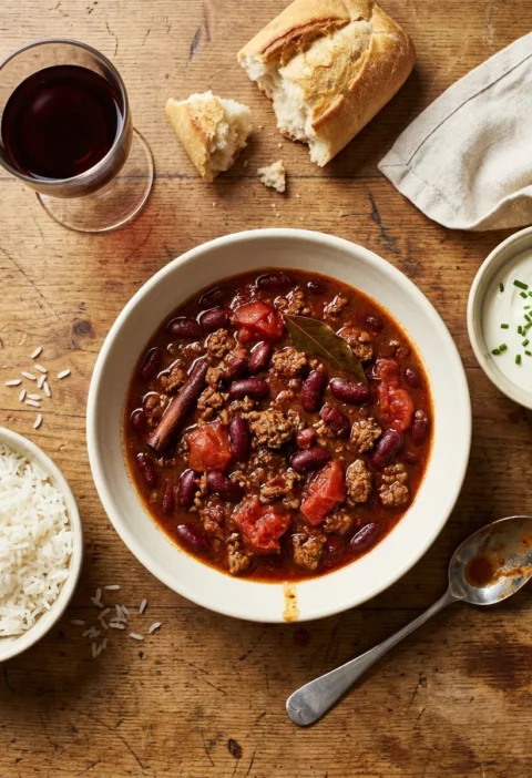 Gordon Ramsay chilli con carne in a white bowl on a wooden table with rice, soured cream, bread and red wine