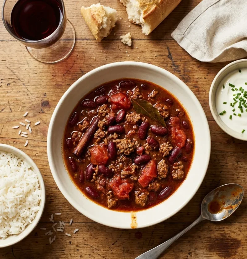 Gordon Ramsay chilli con carne in a white bowl on a wooden table with rice, soured cream, bread and red wine
