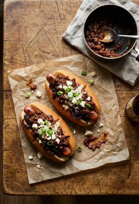 Gordon Ramsay chilli dogs with beef chilli, balsamic caramelised onions, and crumbled Lancashire cheese on a worn wooden table