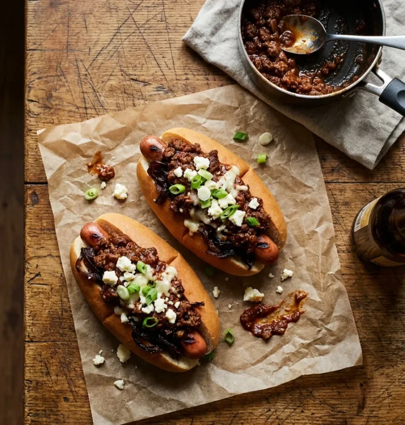 Gordon Ramsay chilli dogs with beef chilli, balsamic caramelised onions, and crumbled Lancashire cheese on a worn wooden table